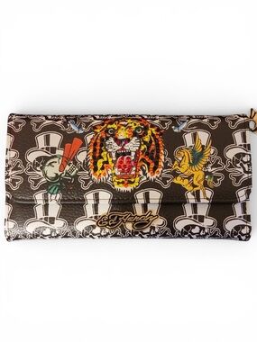 Ed Hardy Black Wallet with Multicolor Tiger and Graphic Accents